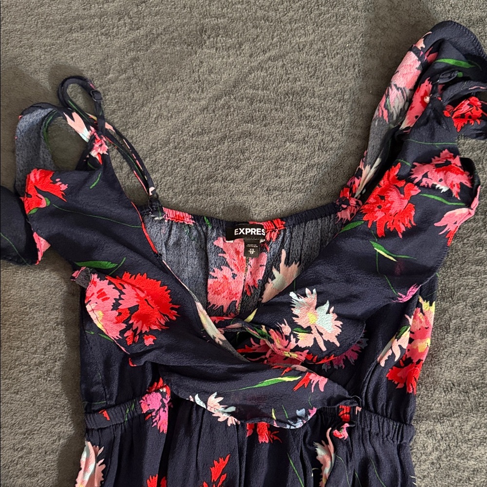 Express Navy Floral Wrap Dress - Red, Pink & Cream Blooms